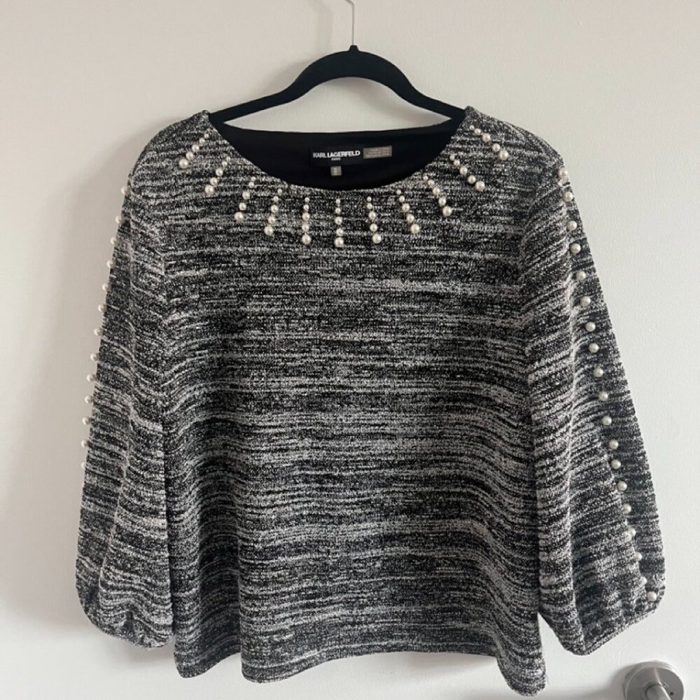 Karl Lagerfeld Black & White Pearl Balloon Sleeve Long Sleeve Blouse Shirt M
